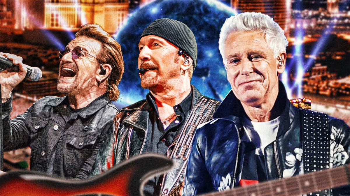 U2 members Bono, The Edge, and Adam Clayton in front of Sphere in Las Vegas.