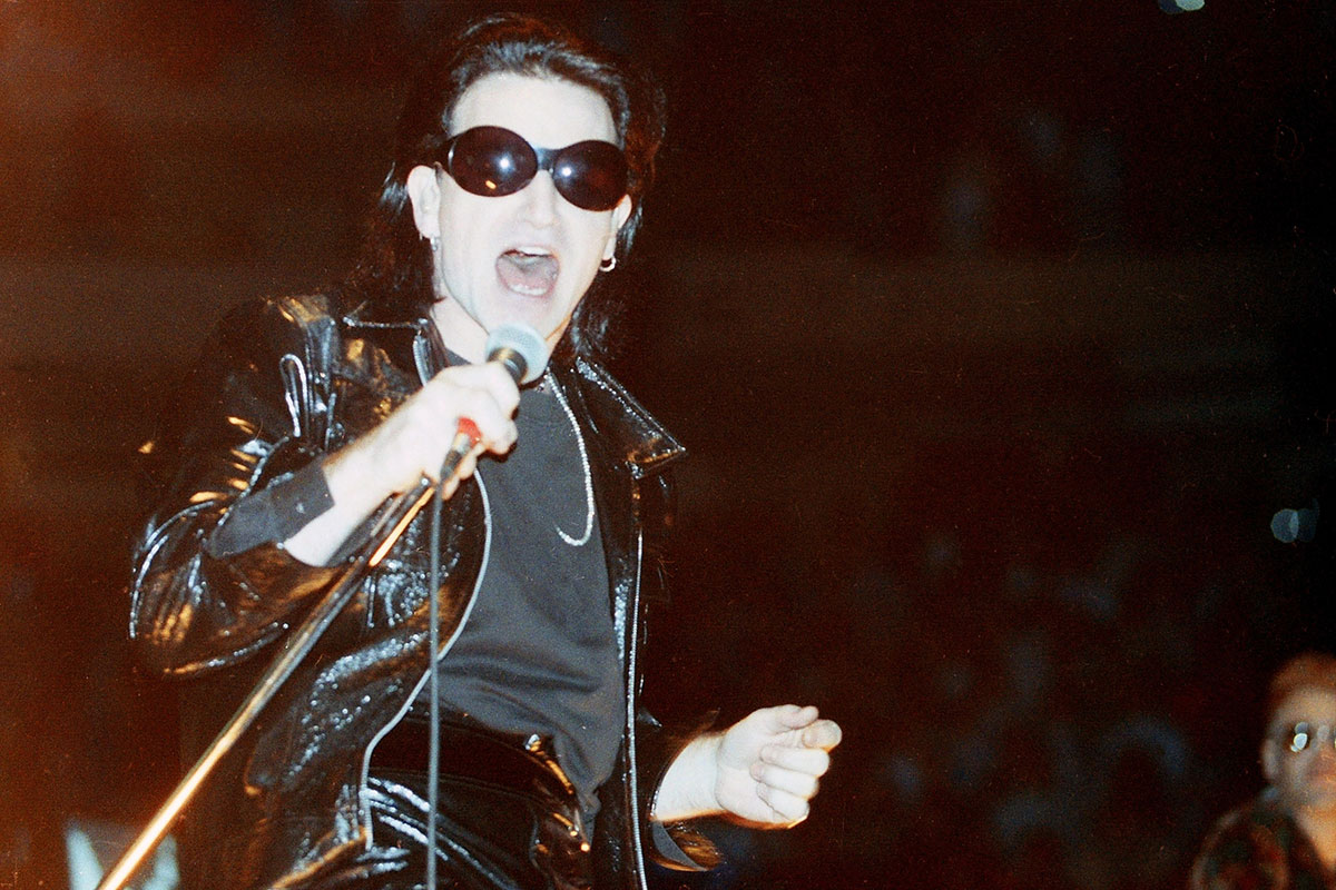 U2 singer Bono performing on the "ZooTV" tour on March 18, 1992.