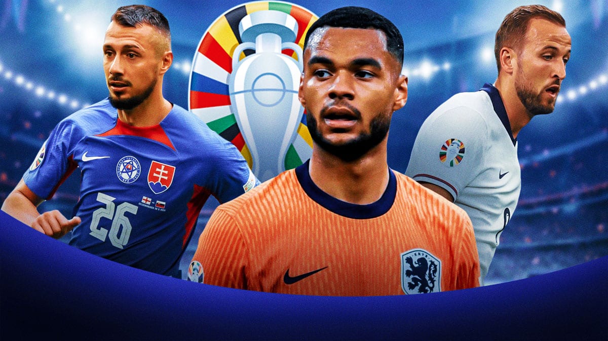 Cody Gakpo, Harry Kane, Ivan Schranz in front of the Euro 2024 logo