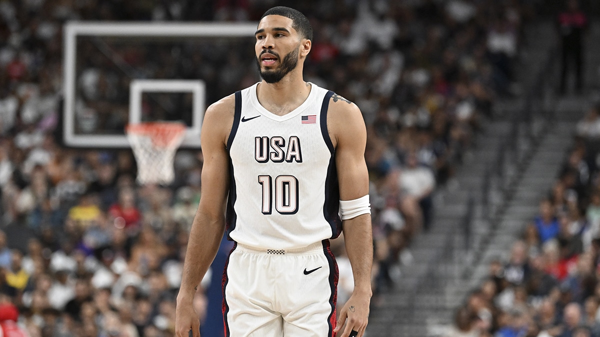 Jul 10, 2024; Las Vegas, Nevada, USA; USA forward Jayson Tatum (10) looks on in the third quarter against Canada in the USA Basketball Showcase at T-Mobile Arena. Mandatory Credit: Candice Ward-USA TODAY Sports