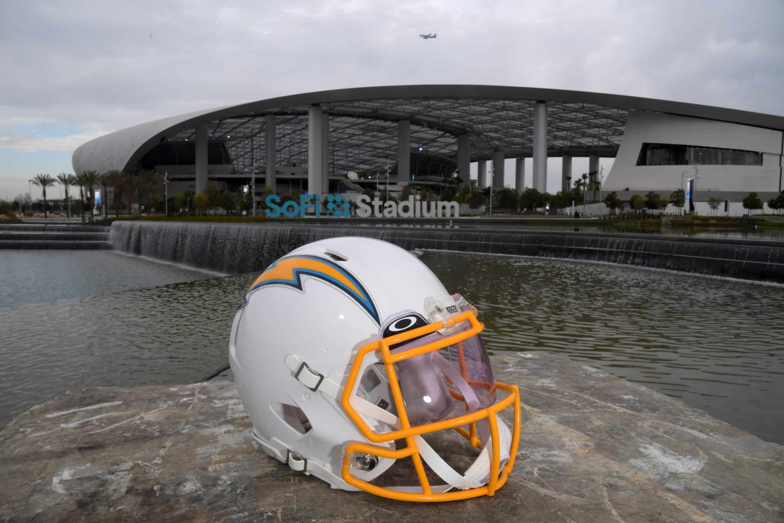 Dec 27, 2020; Inglewood, California, USA; A general view of a Los Angeles Chargers helmet at Lake Park SoFi Stadium before the game against the Denver Broncos. 