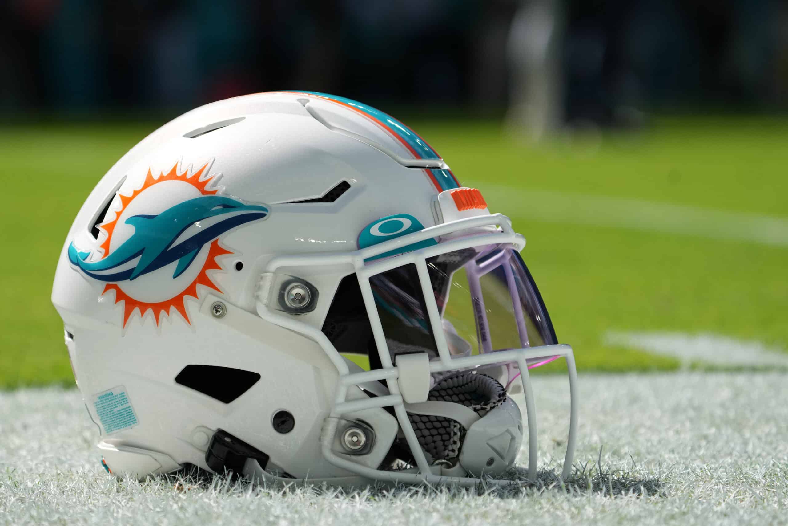 Nov 7, 2021; Miami Gardens, Florida, USA; A general view of a Miami Dolphins helmet on the field prior to the game between the Miami Dolphins and the Houston Texans at Hard Rock Stadium.