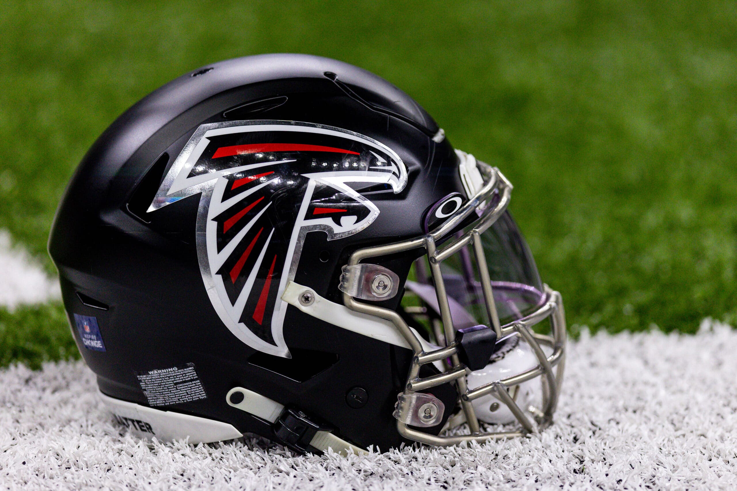 Dec 18, 2022; New Orleans, Louisiana, USA;  General view of a Atlanta Falcons helmet during warm ups against the New Orleans Saints at Caesars Superdome.