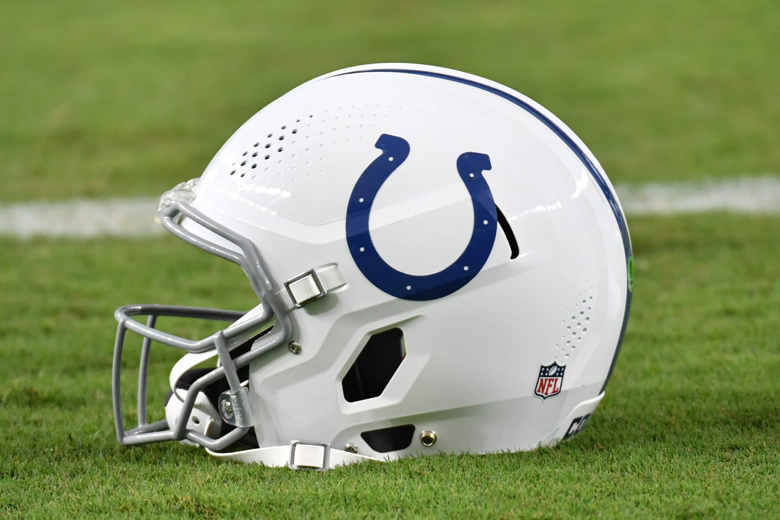Aug 24, 2023; Philadelphia, Pennsylvania, USA;  Indianapolis Colts helmet on the field against the Philadelphia Eagles at Lincoln Financial Field. 