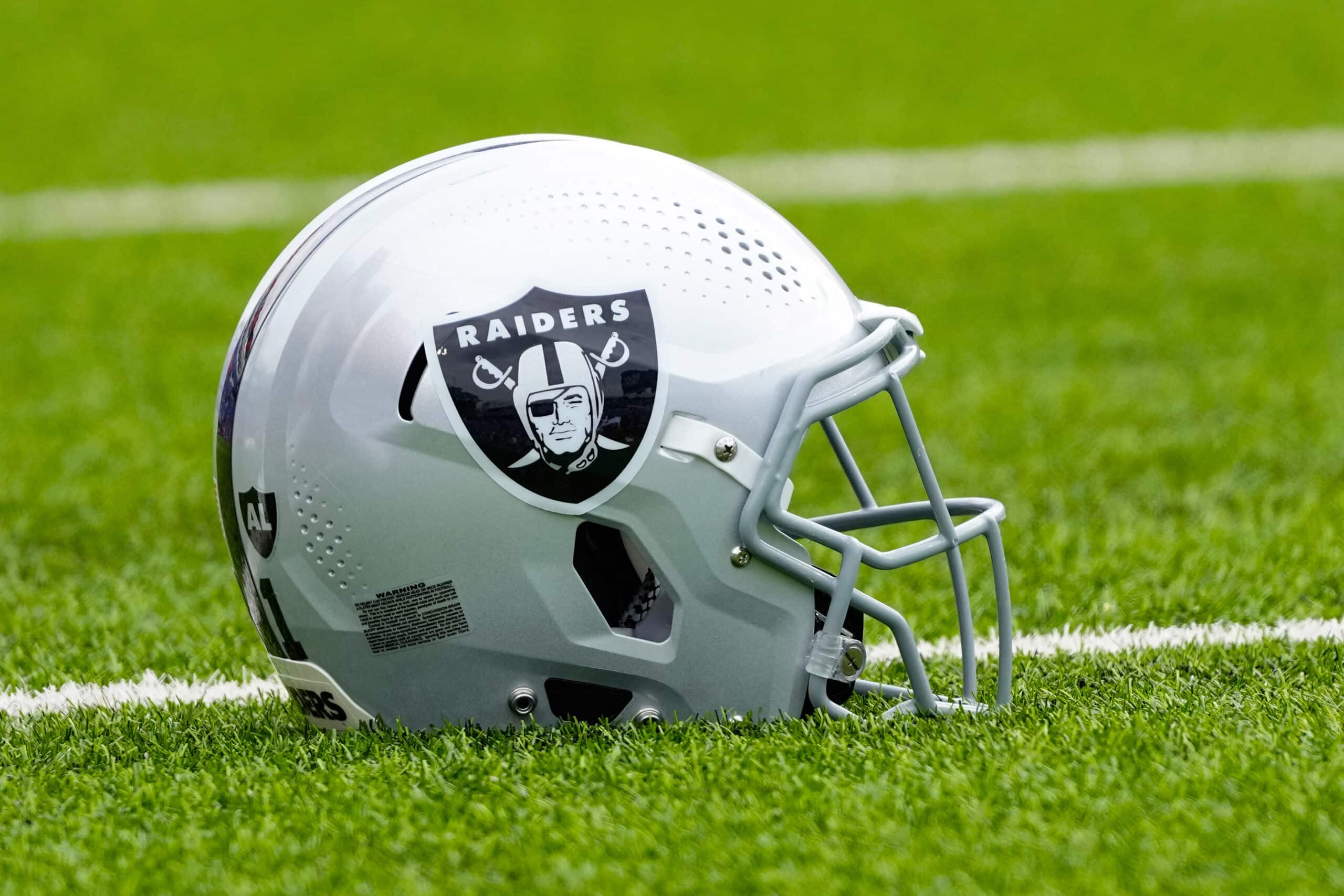 Sep 17, 2023; Orchard Park, New York, USA; A Las Vegas Raiders helmet on the field prior to the game against the Buffalo Bills at Highmark Stadium.