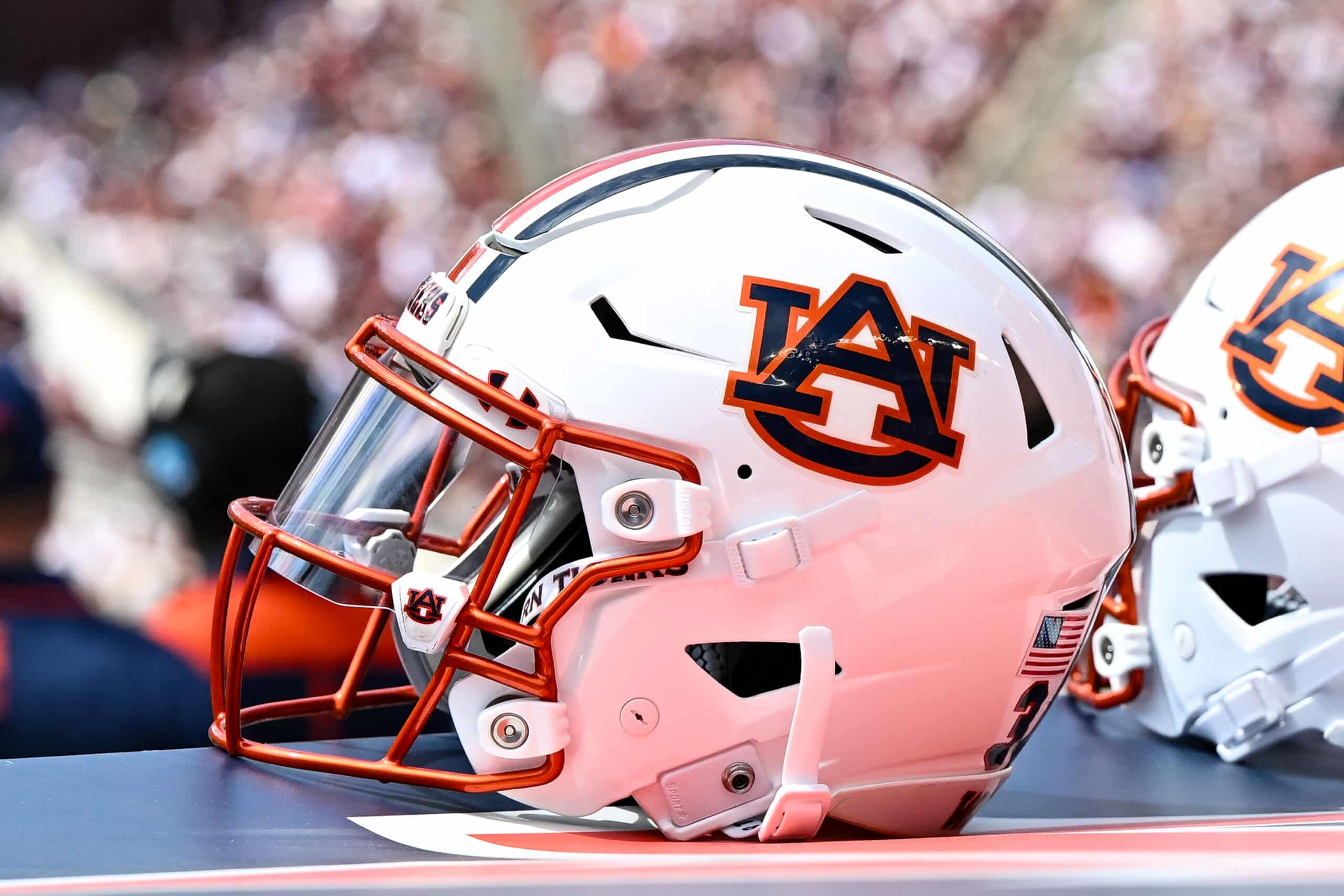 Sep 23, 2023; College Station, Texas, USA; A detailed view of an Auburn Tigers helmet on the sideline of the game against the Texas A&M Aggies at Kyle Field.