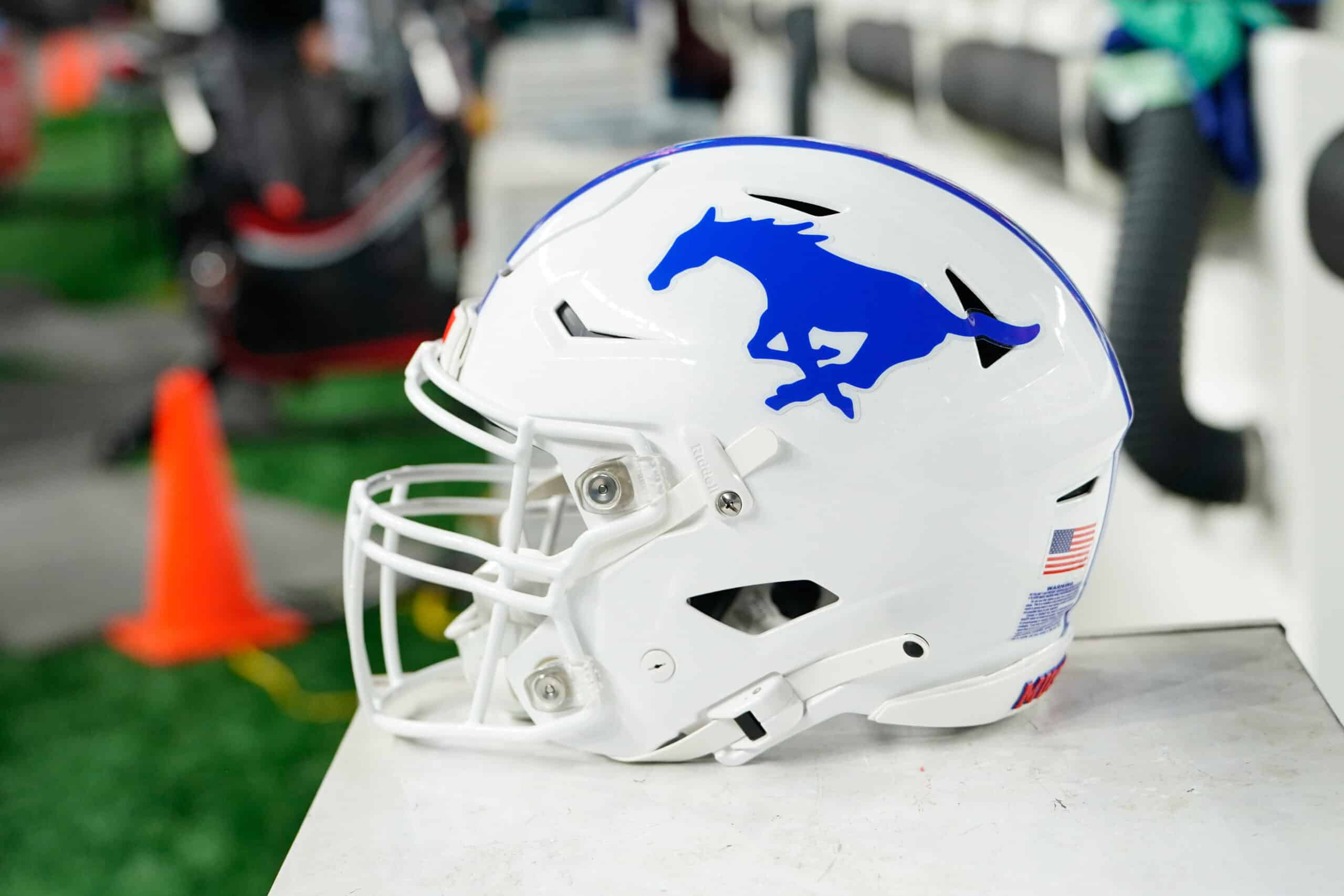 Oct 20, 2023; Philadelphia, Pennsylvania, USA; A general view of an SMU Mustangs helmet during the second half against the Temple Owls at Lincoln Financial Field.