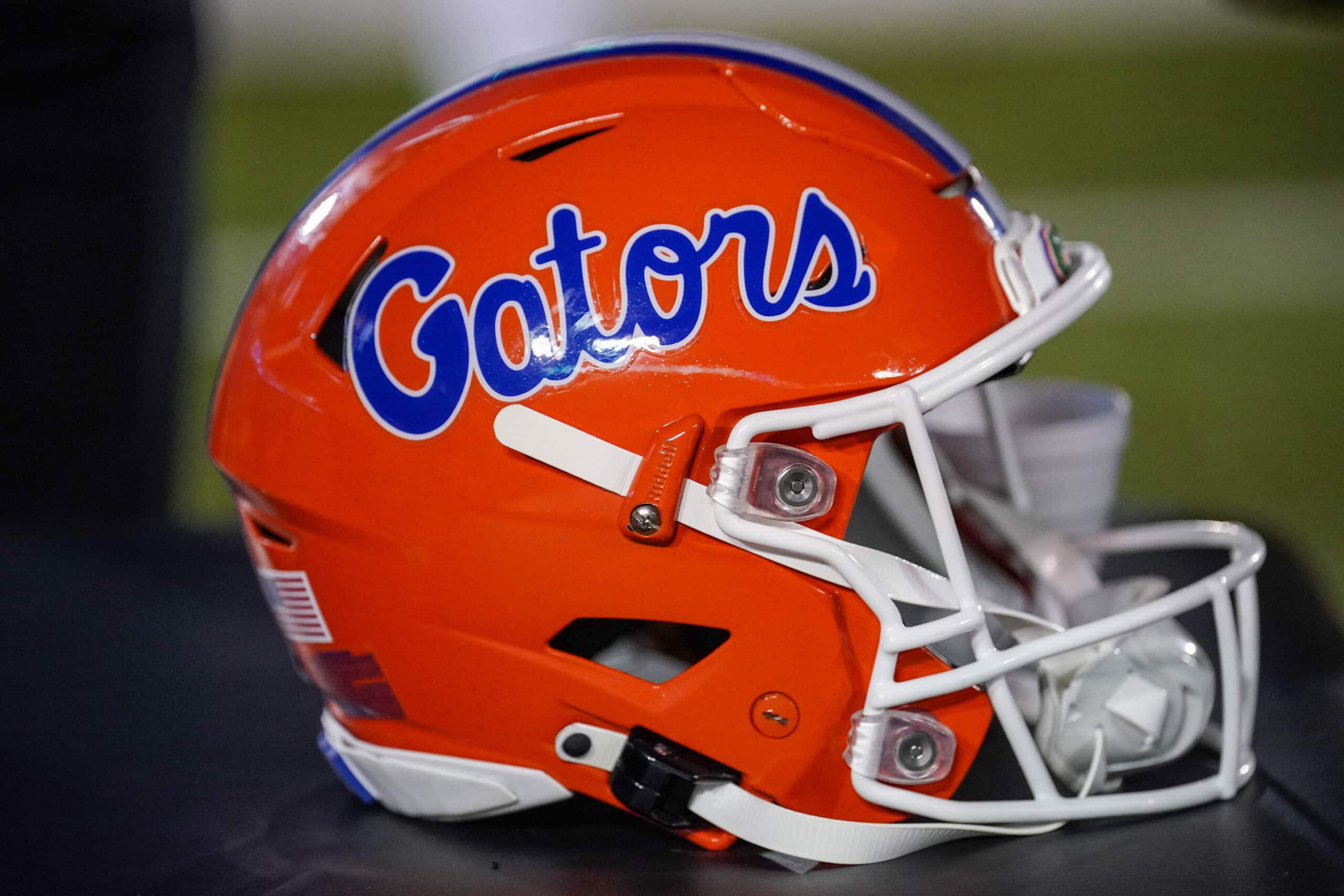 Nov 18, 2023; Columbia, Missouri, USA; A general view of a Florida Gators helmet against the Missouri Tigers during the game at Faurot Field at Memorial Stadium. 