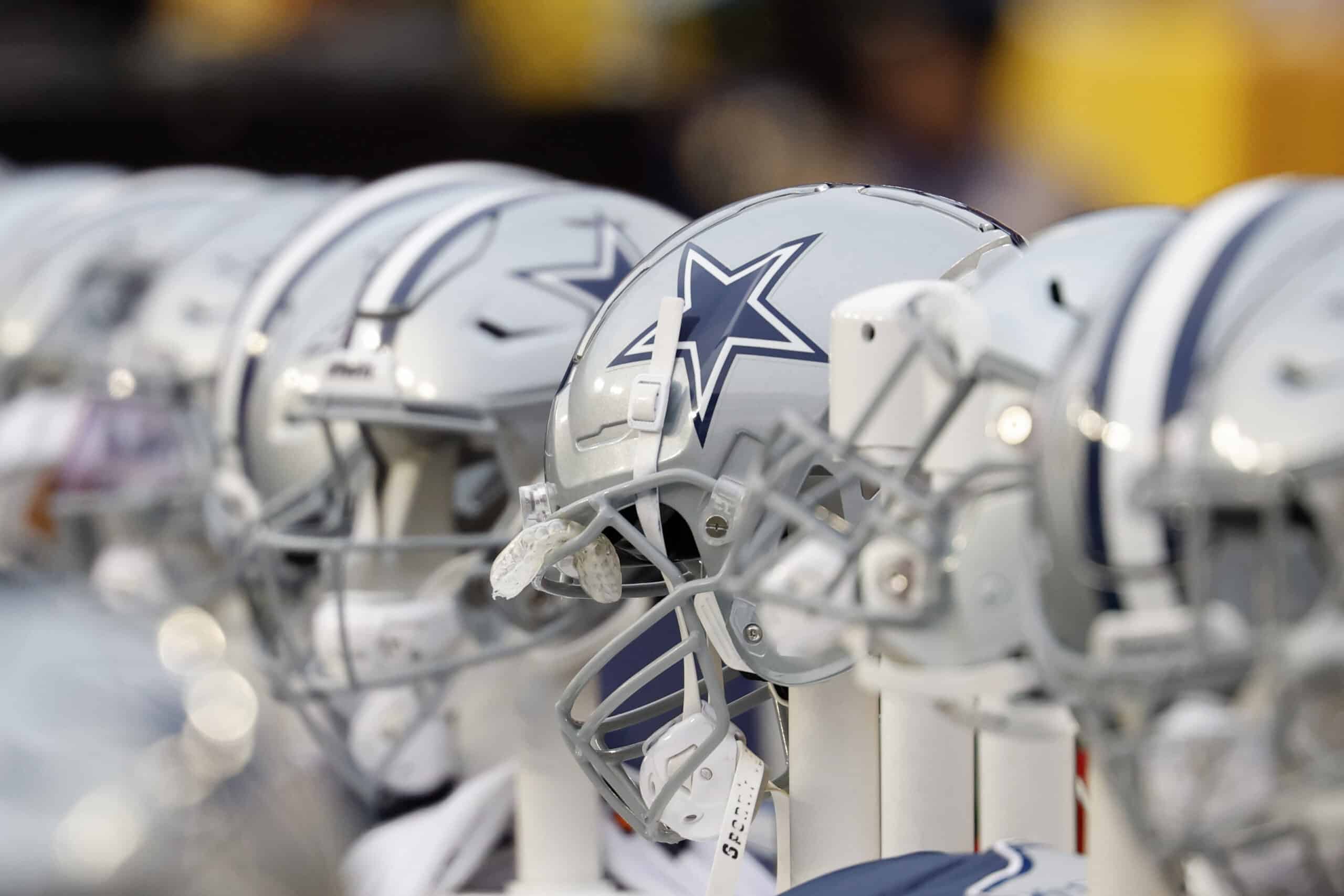 Jan 7, 2024; Landover, Maryland, USA; A view of Dallas Cowboys players' helmets on the bench against the Washington Commanders during the first quarter at FedExField. 