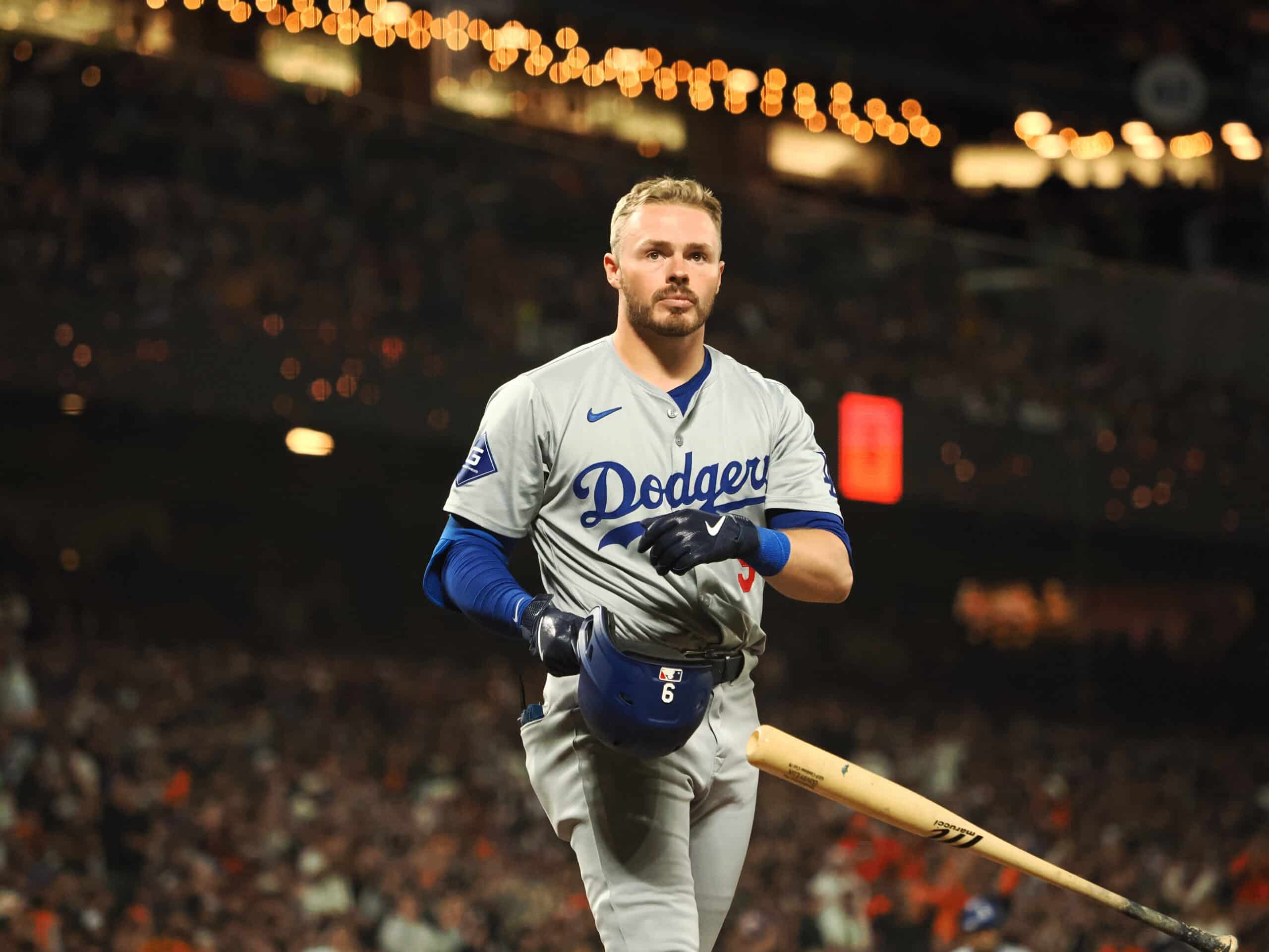 Jun 28, 2024; San Francisco, California, USA; Los Angeles Dodgers second baseman Gavin Lux (9) reacts after striking out against the San Francisco Giants during the ninth inning at Oracle Park. 