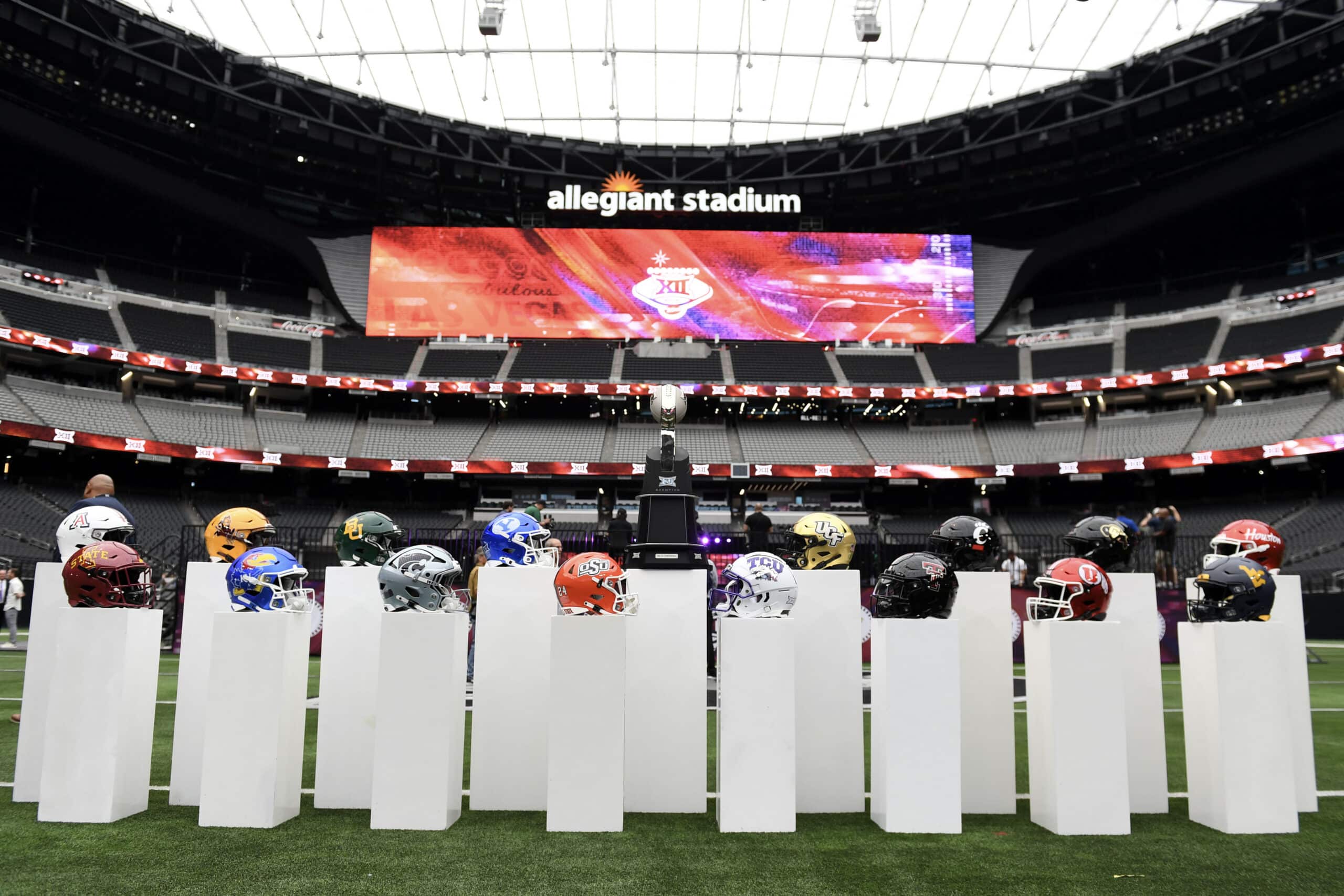 Jul 9, 2024; Las Vegas, NV, USA; Team helmets are on display during Big 12 Media Days at Allegiant Stadium.