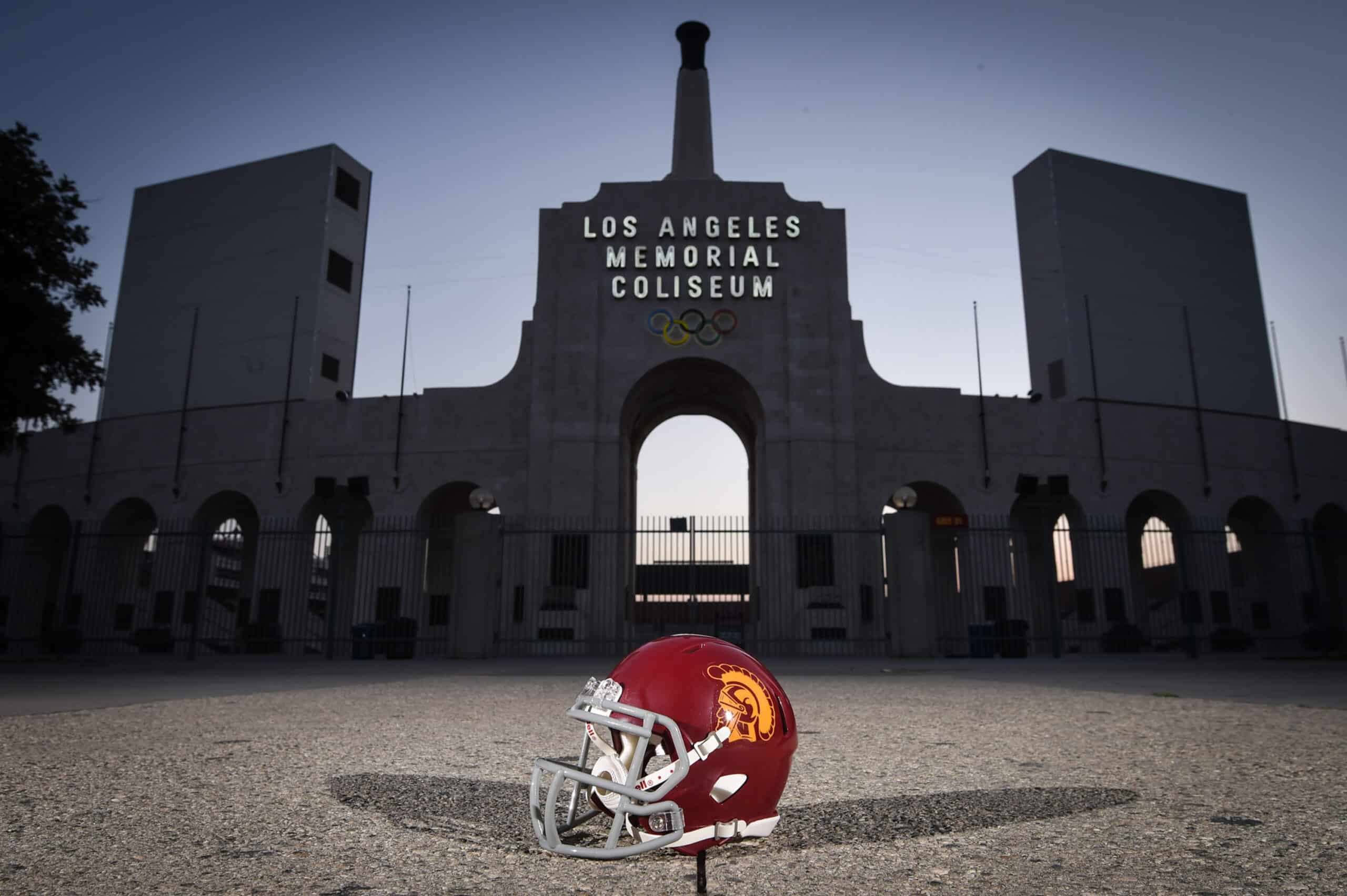 USC football helmet at LA Coliseum.