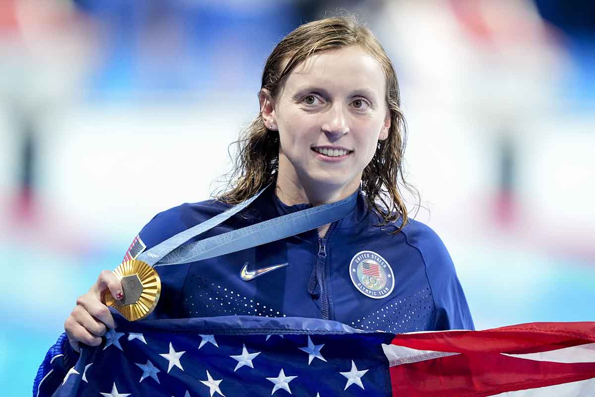 Katie Ledecky (USA) in the women’s 1,500-meter freestyle medal ceremony during the Paris 2024 Olympic Summer Games at Paris La Défense Arena. 