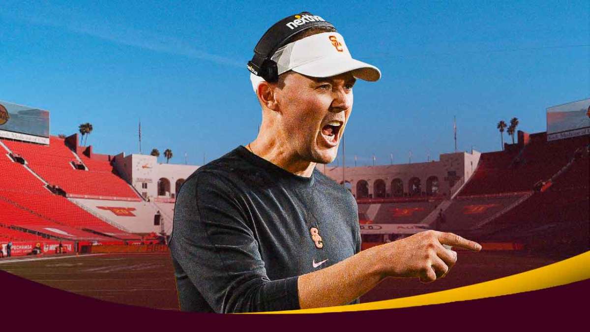 USC football, Trojans, Lincoln Riley, Big Ten Media Days, USC football defense, Lincoln Riley with USC football stadium in the background