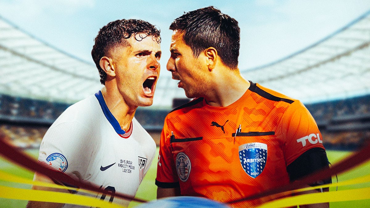 Christian Pulisic yelling or looking angry next to USMNT-Uruguay referee Kevin Ortega