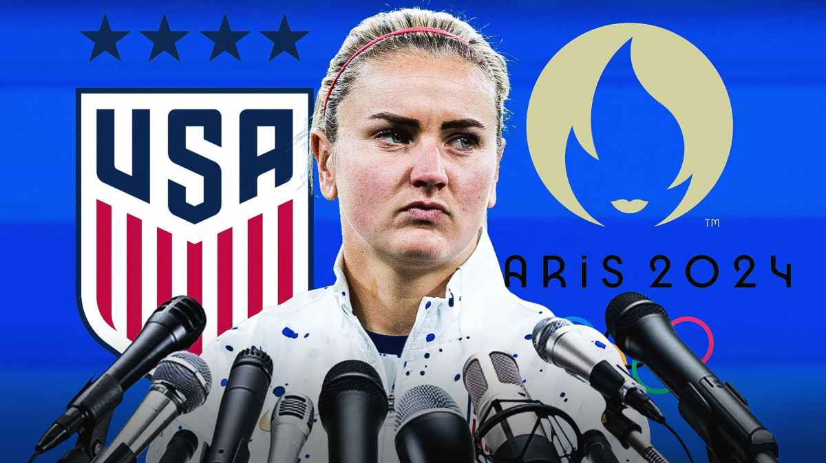Lindsey Horan in front of the USWNT and Paris Olympics logos