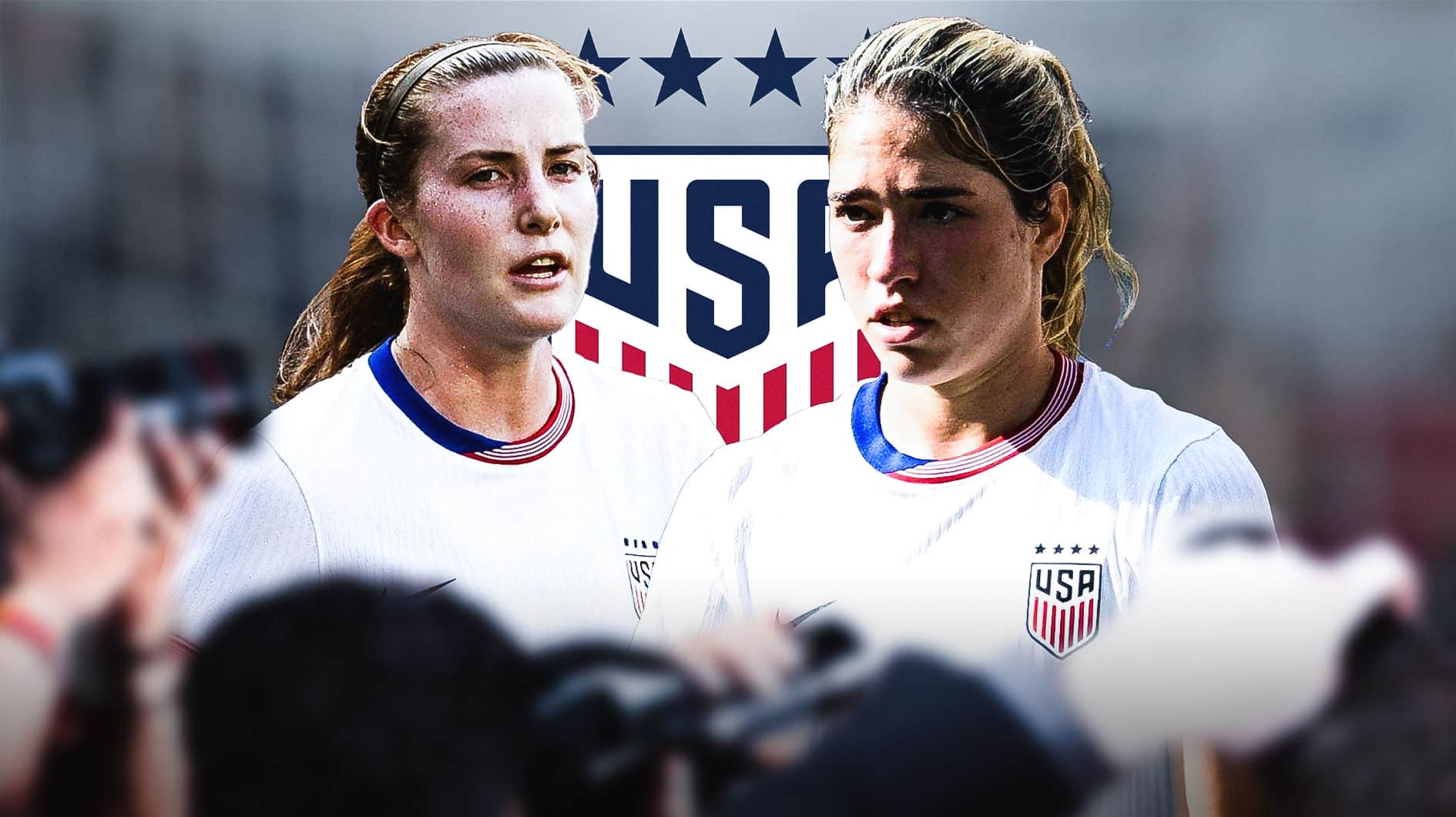 Korbin Albert and Tierna Davidson in front of the USWNT logo