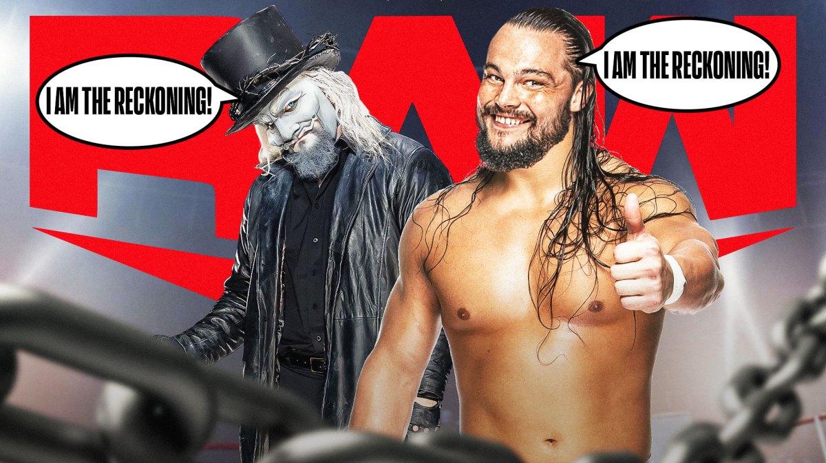 Uncle Howdy with a text bubble reading "I am the reckoning!" next to Bo Dallas with a text bubble reading "I am the reckoning!" with the RAW logo as the background.