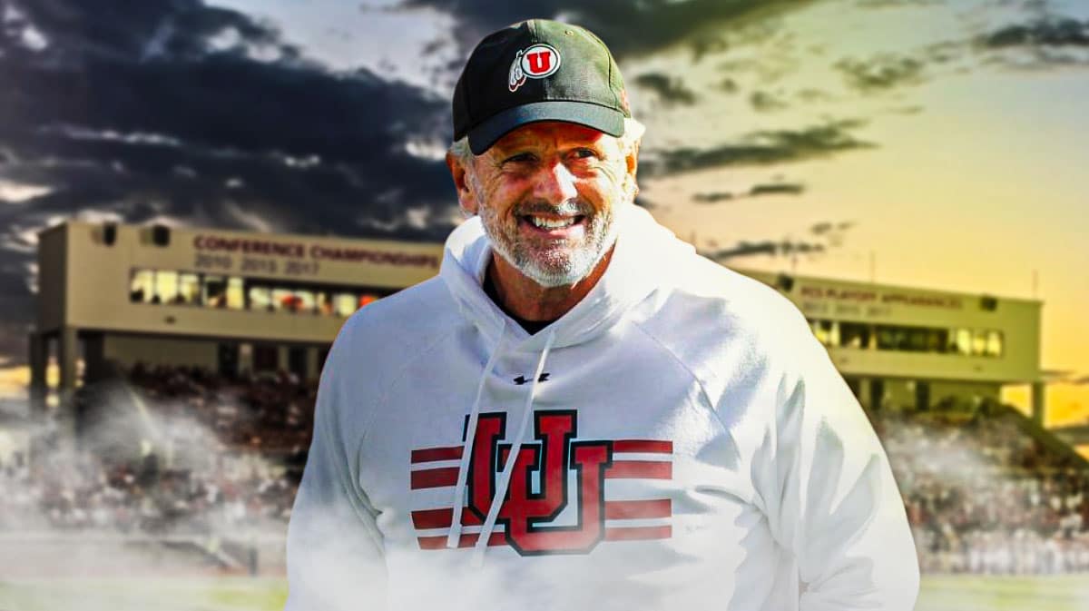 Utah football, Utes, 2024 Utah football, Cam Rising, Brant Kuithe, Kyle Whittingham with Utah football stadium in the background