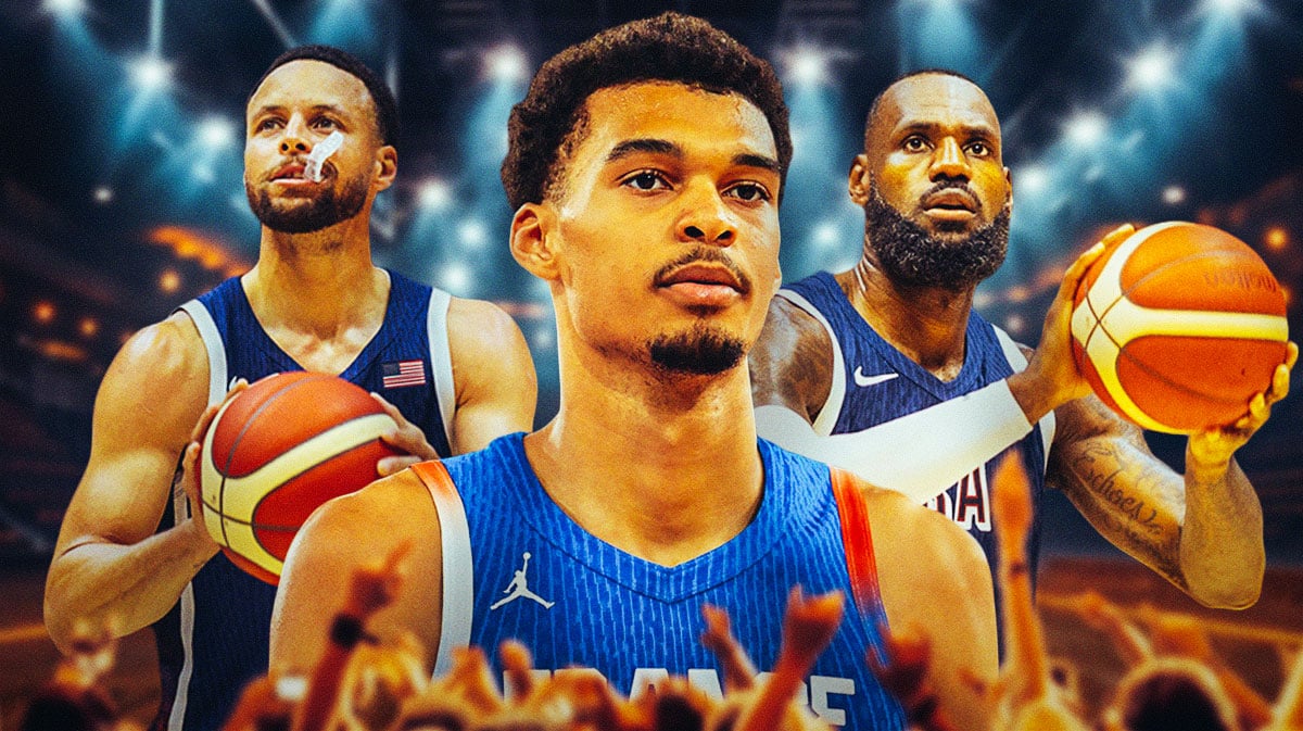Victor Wembanyama with Team USA stars Stephen Curry and LeBron James behind him