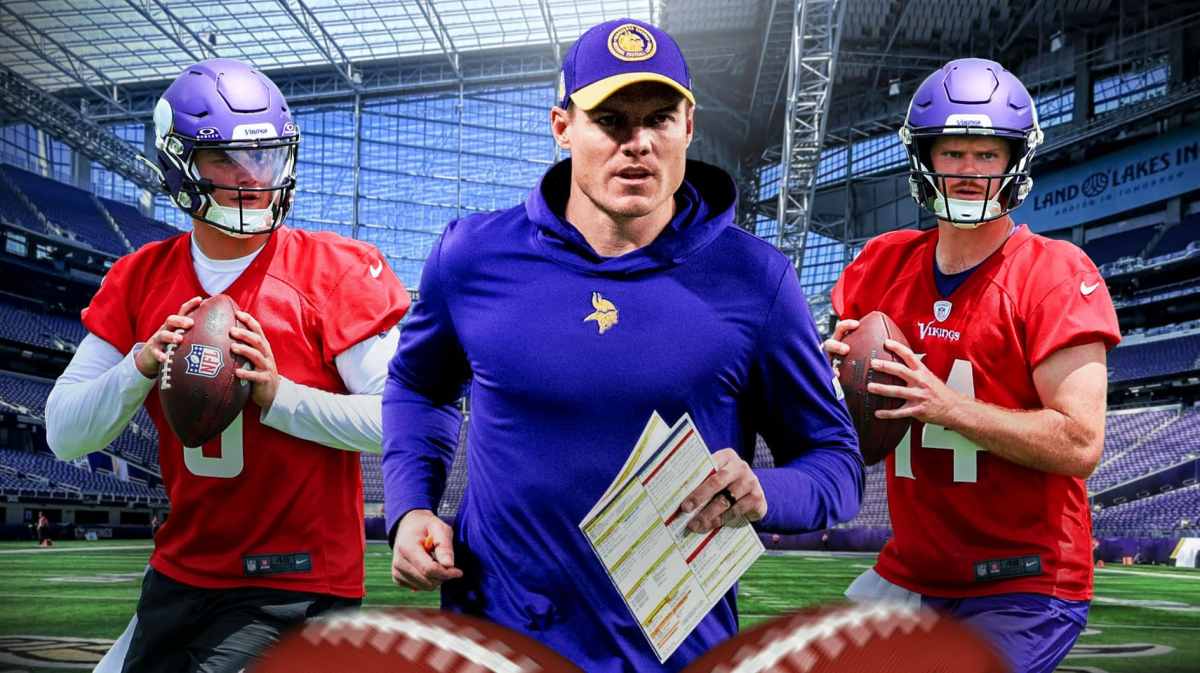 Kevin O'Connell with JJ McCarthy on his left and Sam Darnold on his right in front of the Vikings stadium.