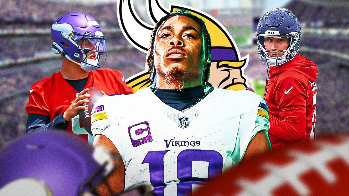 Minnesota Vikings wide receiver Justin Jefferson with QB J.J. McCarthy and Atlanta Falcons QB Kirk Cousins. There is also a logo for the Minnesota Vikings.
