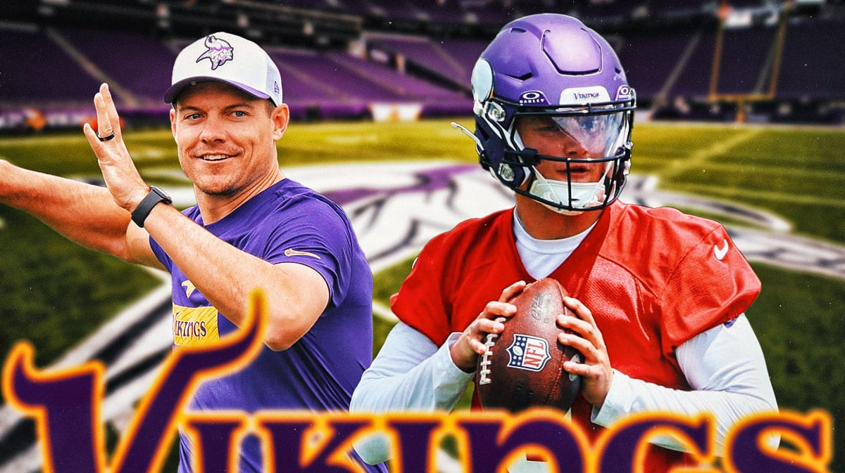 Minnesota Vikings star J.J. McCarthy and head coach Kevin O'Connell in front of U.S. Bank Stadium.