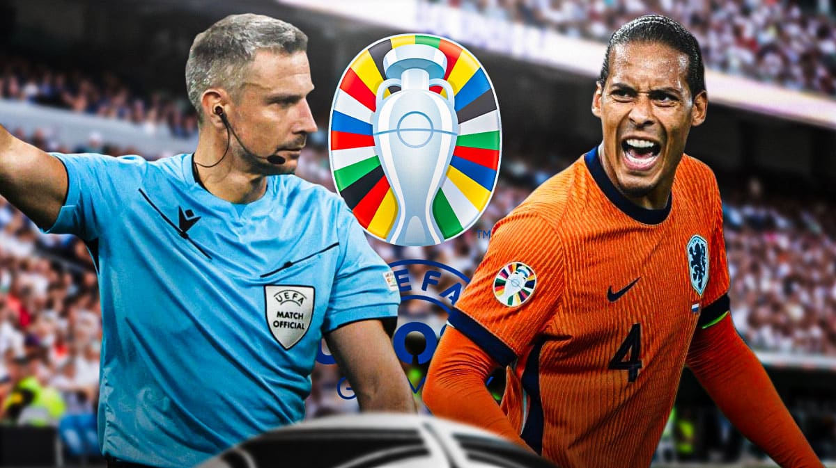 Virgil van Dijk shouting at a referee, the Euro 2024 logo at the back