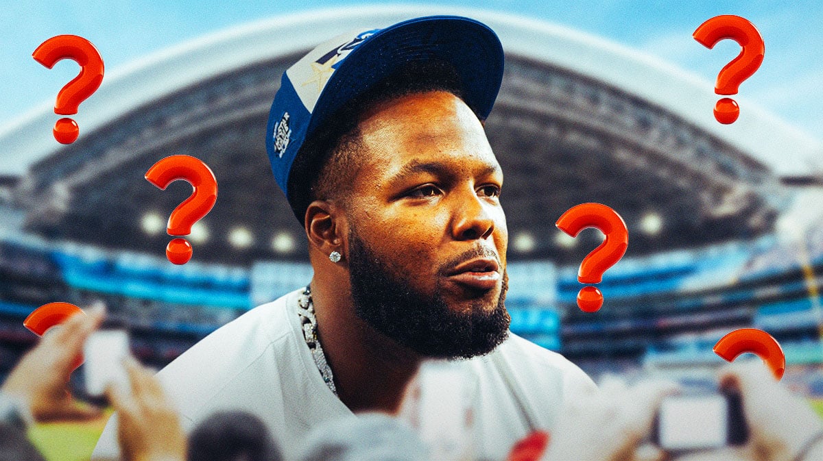 Vladimir Guerrero Jr (all star) surrounded by question mark emojis. contract extension mlb trade deadline