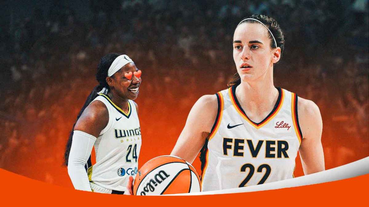 Arike Ogunbowale with heart eyes looking at Caitlin Clark