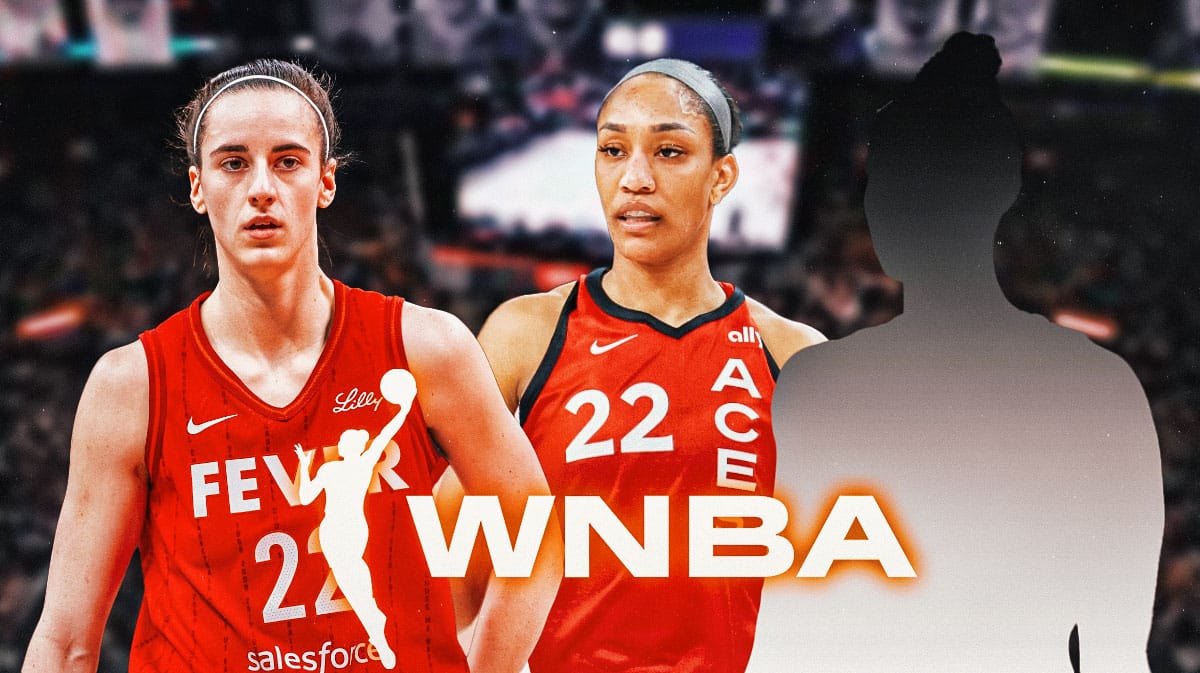 Indiana Fever guard Caitlin Clark next to Las Vegas Aces center A’ja Wilson and a silhouette of a basketball player with a big question mark emoji inside. There is also a logo for the WNBA.