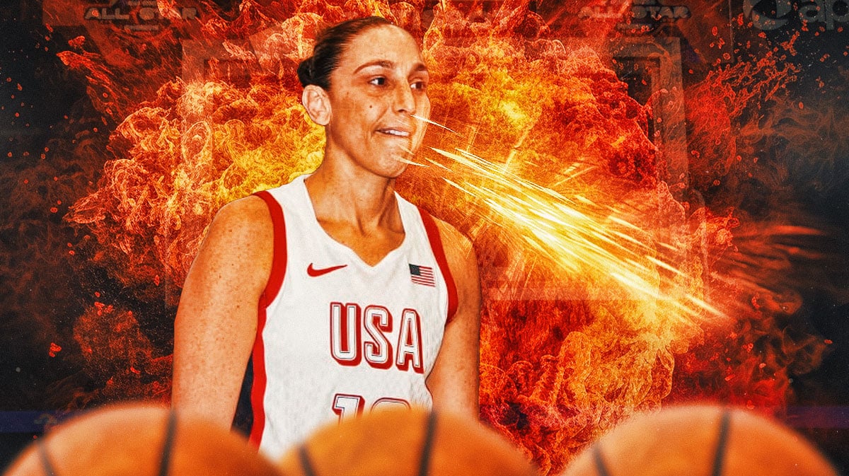 Team USA women's basketball coach Diana Taurasi in her Team USA jersey, with a frustrated, angry or neutral expression, with fire coming out of her mouth and flames around her.