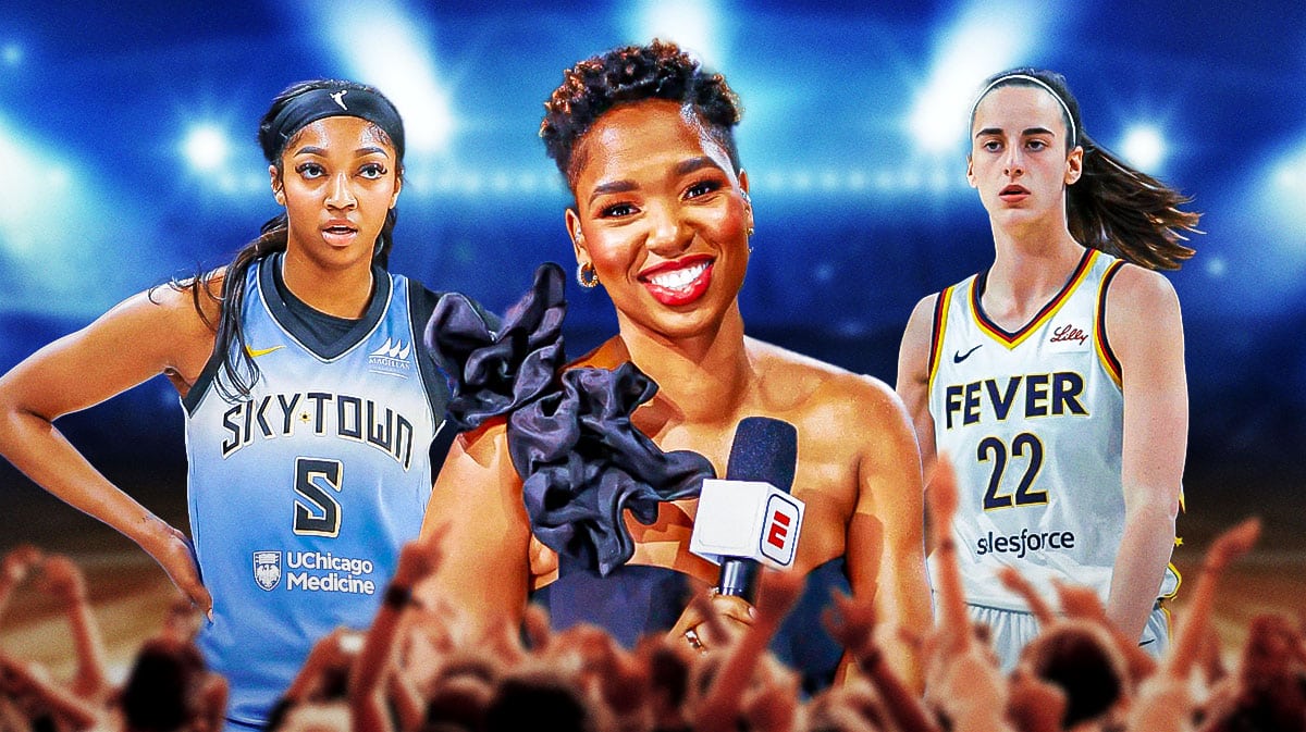 ESPN analyst Monica McNutt in the center, with WNBA Chicago Sky player Angel Reese on her left and WNBA Indiana Fever player Caitlin Clark on her right