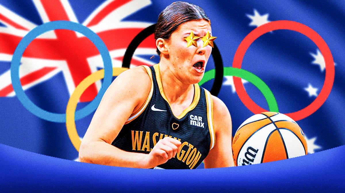 WNBA Washington Mystics player Jade Melbourne, with stars in her eyes, with the Australian flag in the background and the Olympic Rings in the background.