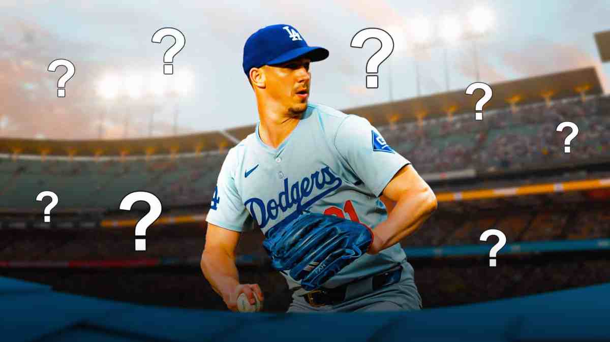 Walker Buehler in a Los Angeles Dodgers uniform pitching with little question marks all around him as there's uncertainty about Buehler's injury and rehab as he tries to make it off the injured list and back to the Dodgers pitching rotation.