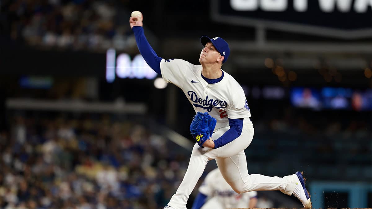 May 6, 2024; Los Angeles, California, USA; Los Angeles Dodgers starting pitcher Walker Buehler (21) pitches during the third inning against the Miami Marlins at Dodger Stadium. 
