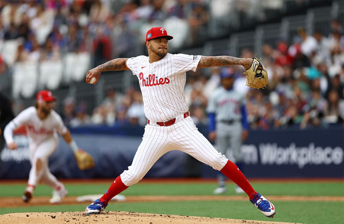 June 9, 2024; London, UNITED KINGDOM; Philadelphia Phillies pitcher Taijuan Walker throws to the New York Mets during a London Series baseball game at Queen Elizabeth Olympic Park.