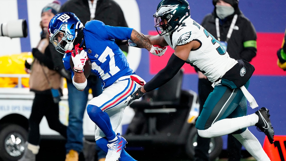 New York Giants wide receiver Wan'Dale Robinson (17) is shown heading the the goal line past Philadelphia Eagles safety Kevin Byard (31), Sunday, January 7, 2024.