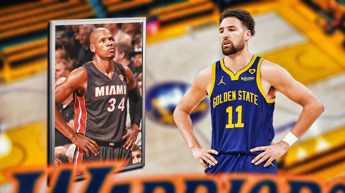 Klay Thompson looking at Ray Allen with Warriors court as background