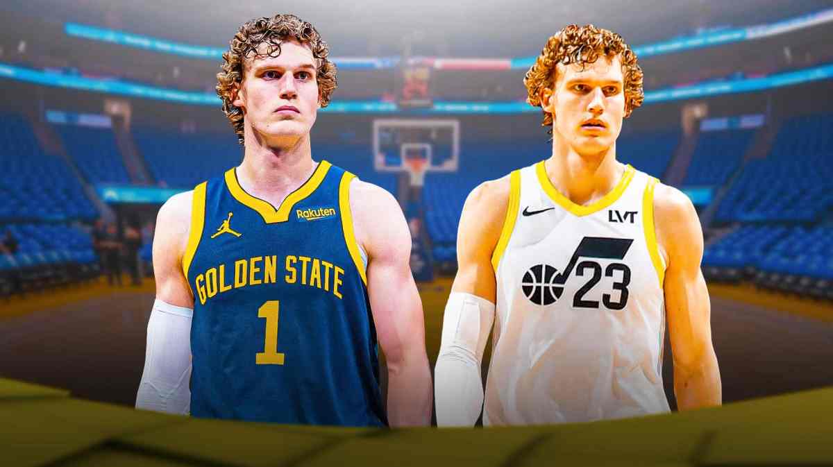 A double-image of Lauri Markkanen, one of him in his Utah Jazz jersey and the other of him in a Golden State Warriors jersey with the Warriors arena in the background