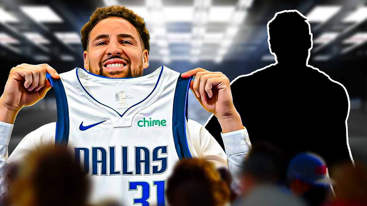 Klay Thompson next to the blacked-out silhouette of Buddy Hield at the Chase Center.
