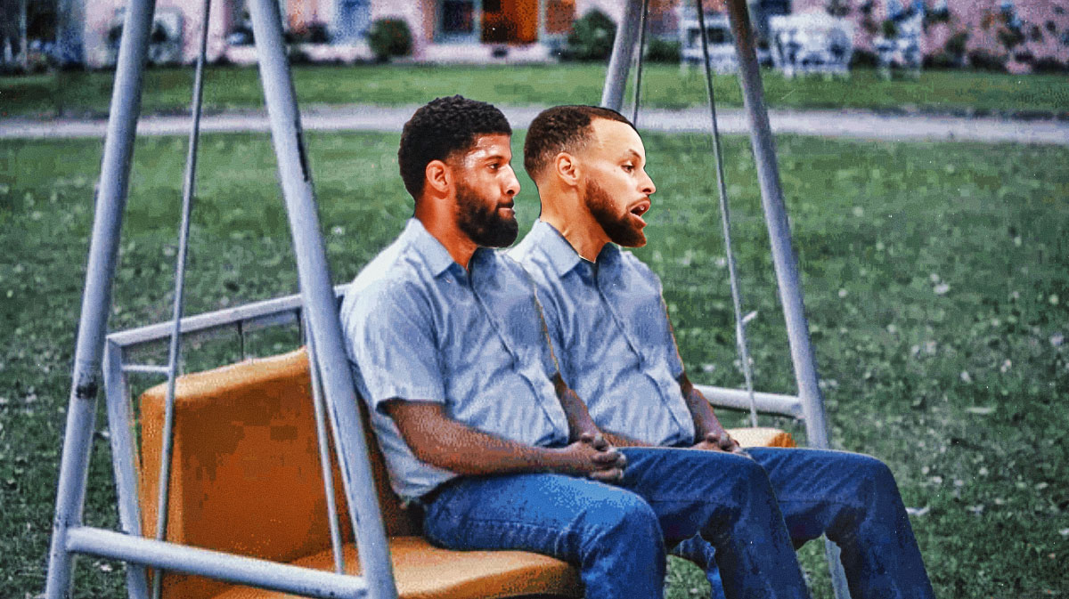 Stephen Curry (Warriors) and Paul George as the sad pablo escobar meme.