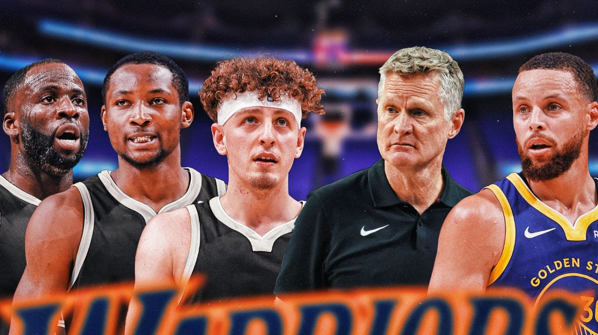 Warriors' Steve Kerr and Stephen Curry looking at Draymond Green, Jonathan Kuminga, and Brandin Podziemski in blank uniforms