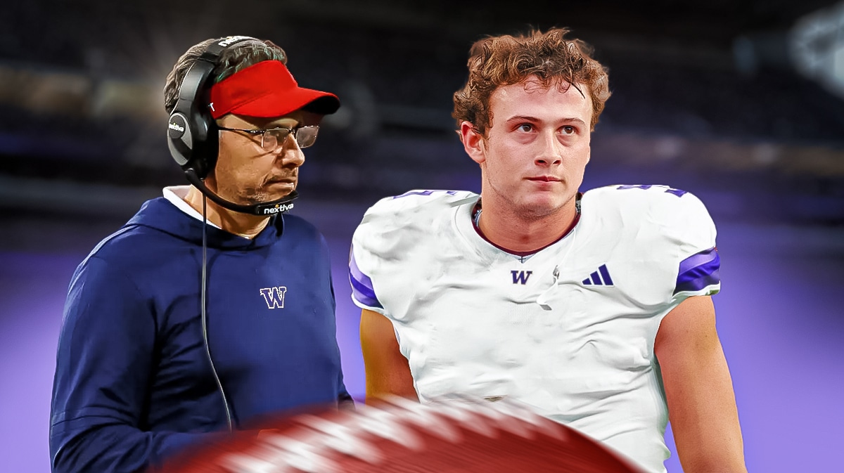 Washington football, Huskies, 2024 Washington football, Washington football predictions, Jedd Fisch, Jedd Fisch and Will Rogers (both in Washington gear) with Washington (college) football stadium in the background