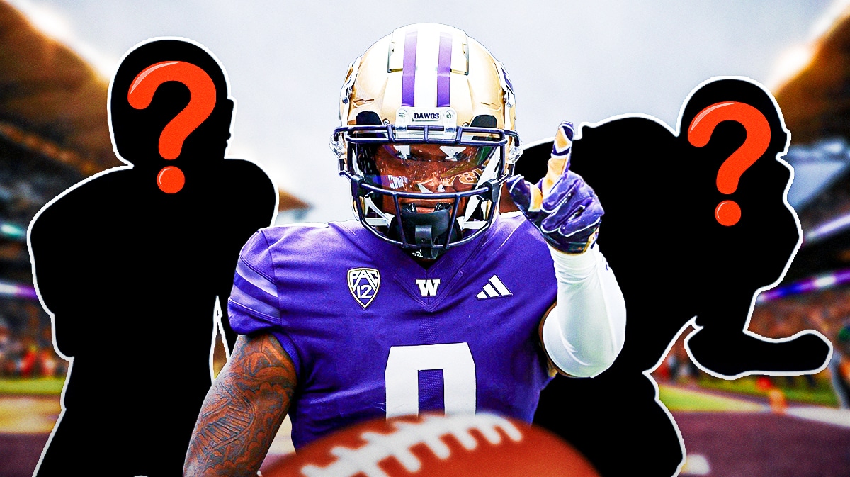 Washington football, Huskies, Giles Jackson, Elijah Jackson, 2024 Washington football, Giles Jackson (in Washington uni) and two mystery players with Washington football (college) stadium in the background