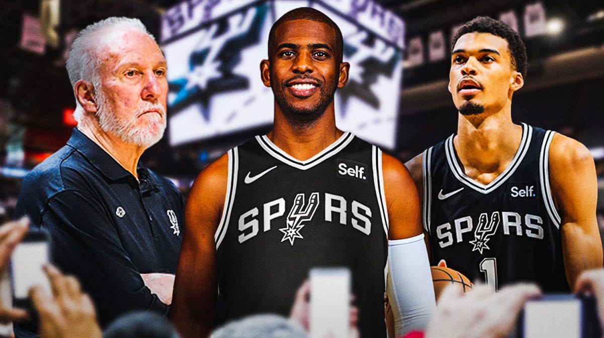 Chris Paul with San Antonio Spurs coach Gregg Popovich and Victor Wembanyama