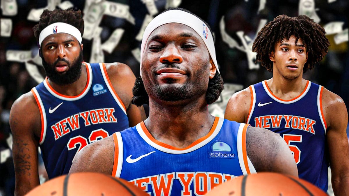 Precious Achiuwa smiling widely with money signs around him and Mitchell Robinson and Jericho Sims behind him/in the distance.