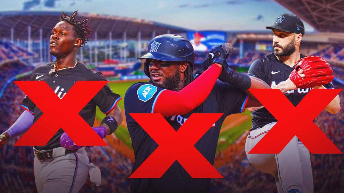 Jazz Chisholm Jr., Tanner Scott and Josh Bell wearing Miami Marlins uniforms all with red Xs through them s they'll be traded at the deadline