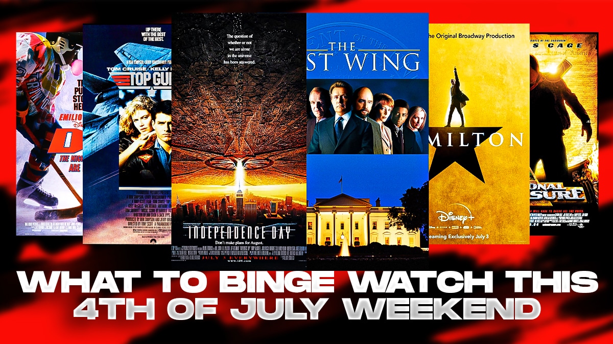 From L to R: posters of D2: The Mighty Ducks, Top Gun, Independence Day, The West Wing, Hamilton and National Treasure; What to watch this 4th of July weekend