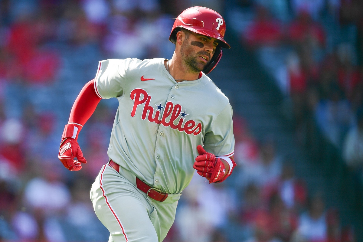 Philadelphia Phillies second baseman Whit Merrifield (9) runs after hitting a double against the Los Angeles Angels during the ninth inning at Angel Stadium.